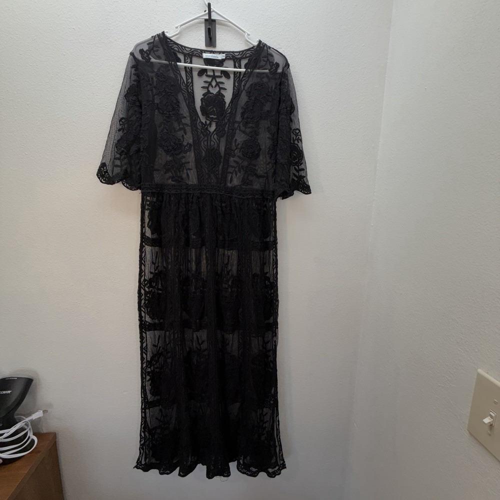 Blue Island Sheer Black Lace Coverup Womens Size S/M Whismigoth Fairy Maxi Dress